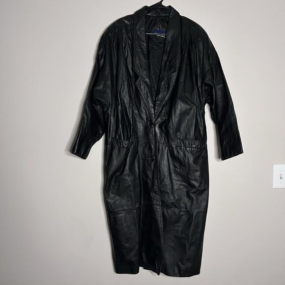Genuine Leather Long Trench Coat Women size large black duster moto grunge - Picture 1 of 16